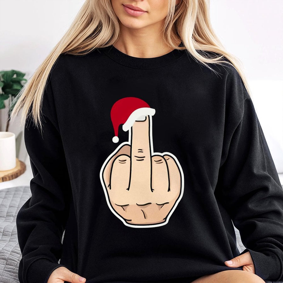 Funny Christmas Sweatshirt | Santa Hat Middle Finger Graphic | Premium Cotton Blend | Sarcastic Holiday Party Gift for Men and Women