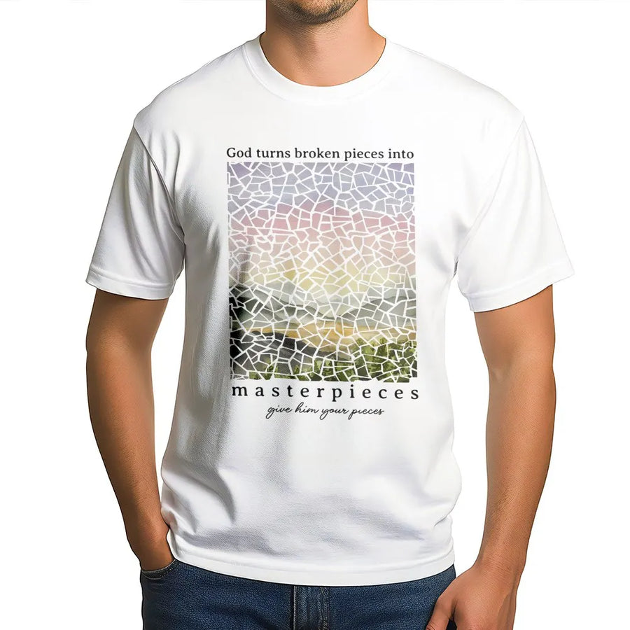 God Turns Broken Pieces Into Masterpieces T-Shirt | Stained Glass Aesthetic Design | Premium Soft Cotton | Faith-Based Inspirational Gift For Her