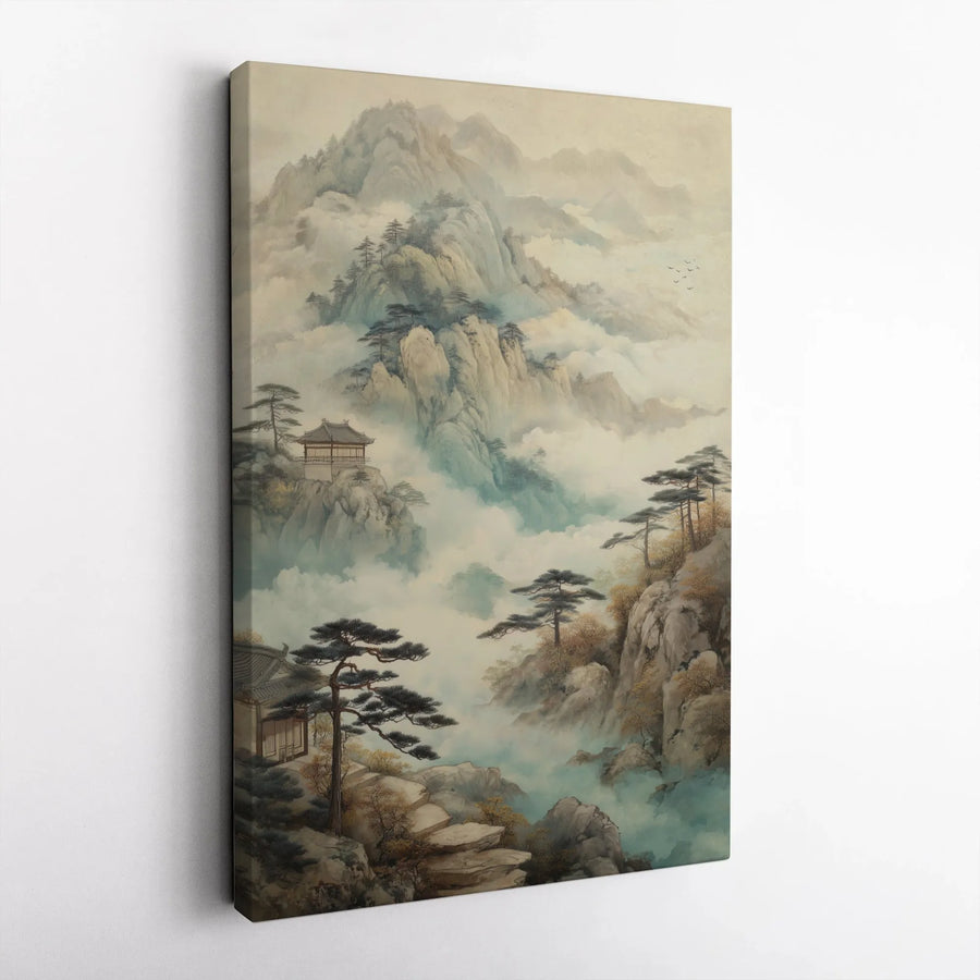 Chinese Mountain Landscape Canvas | Misty Fog Forest & Temple Art | Gallery Wrap 1.25" Premium Print | Zen Home Office Wall Decor Gift