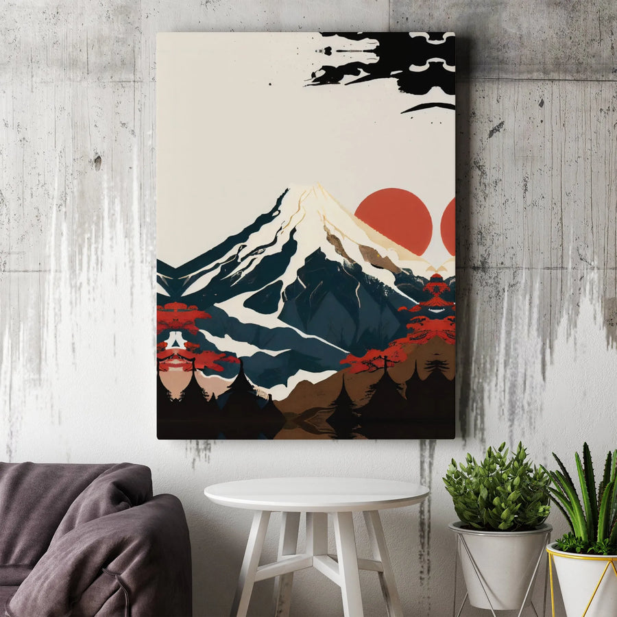 Japanese Mountain Canvas Art | Mount Fuji & Red Sun Landscape | Premium Fade-Resistant Print | Minimalist Zen Home Decor Wall Hanging