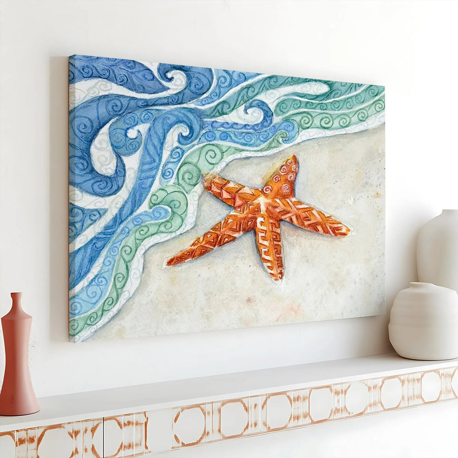 Starfish Canvas Wall Art | Watercolor Ocean Beach Scene | Premium Gallery Wrapped Print | Coastal Living Room Decor Gift