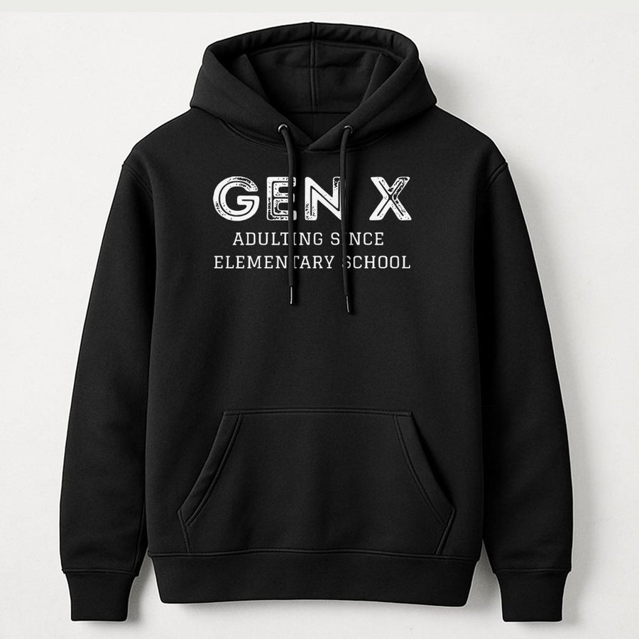 Gen X Hoodie | Adulting Since Elementary School Funny Quote | Premium Cotton-Blend Pullover | Retro Sarcastic Gift for Men and Women