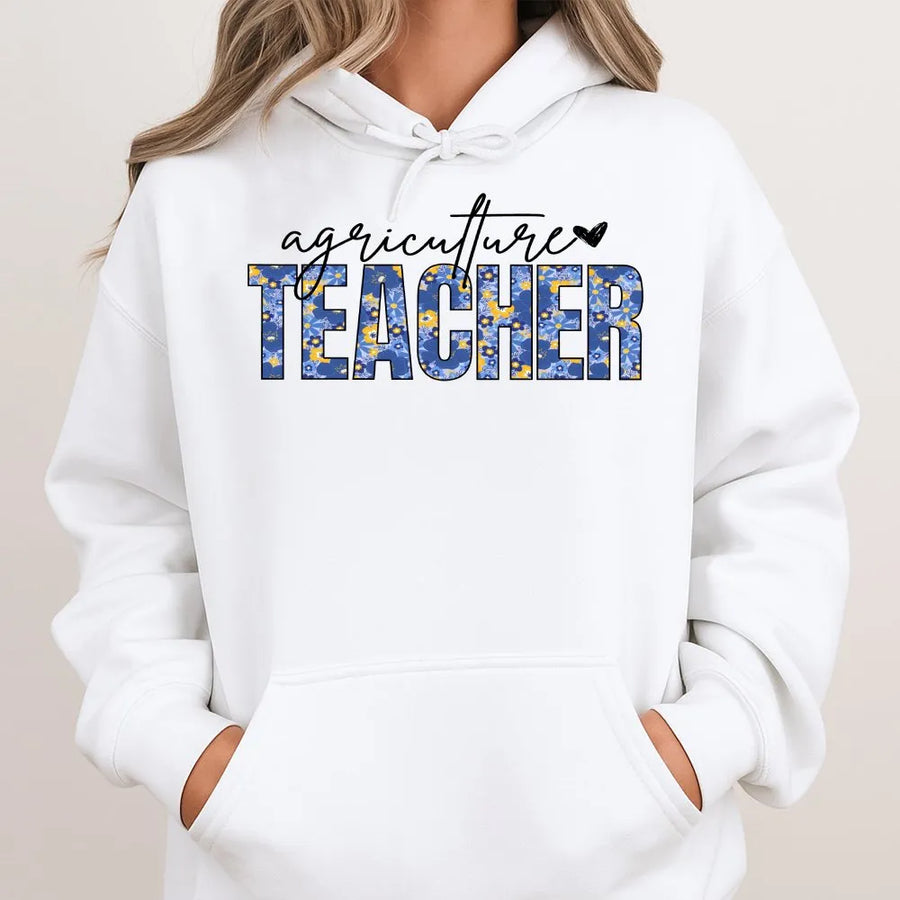 Agriculture Teacher Hoodie | Blue Floral Print Design | Premium Cotton Blend | Gift for Ag Educator