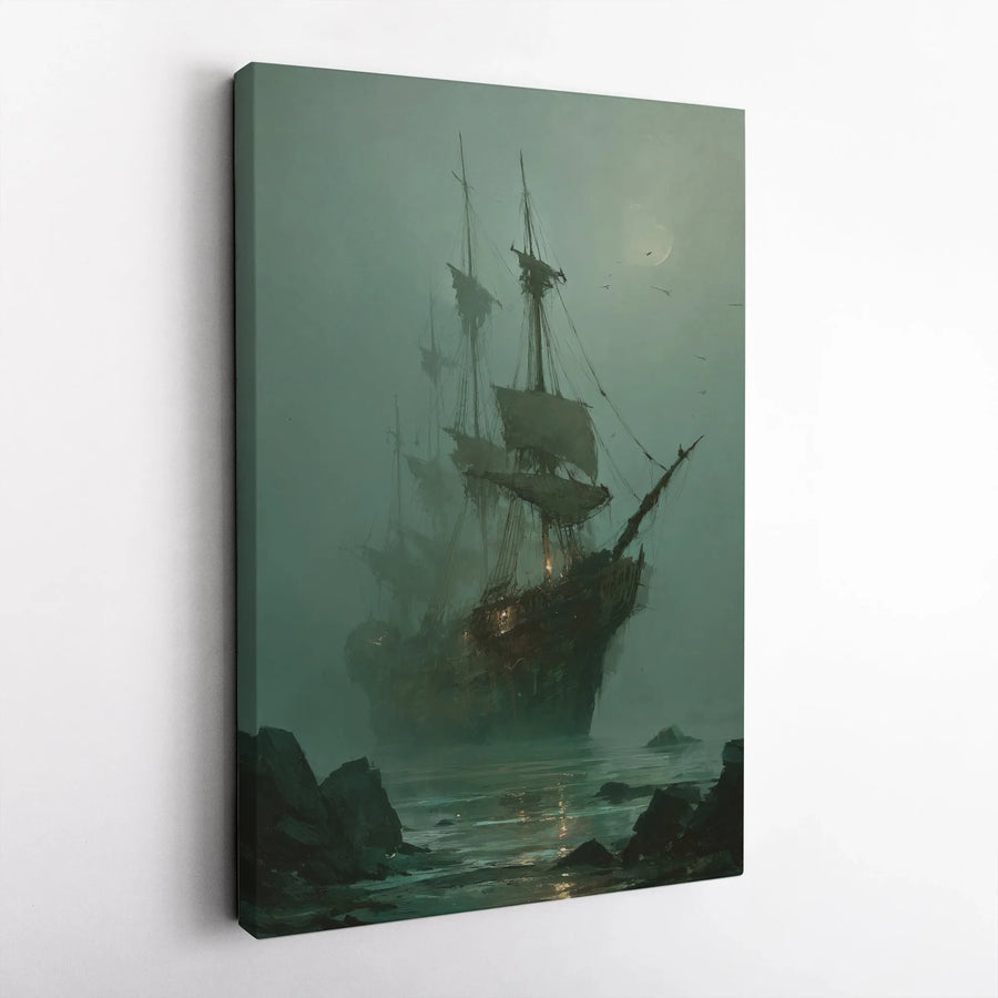 Ghost Ship Canvas Wall Art | Moody Seascape Painting, Dark Academia Ocean Scene | Premium Gallery Wrapped Print | Nautical Collector's Gift