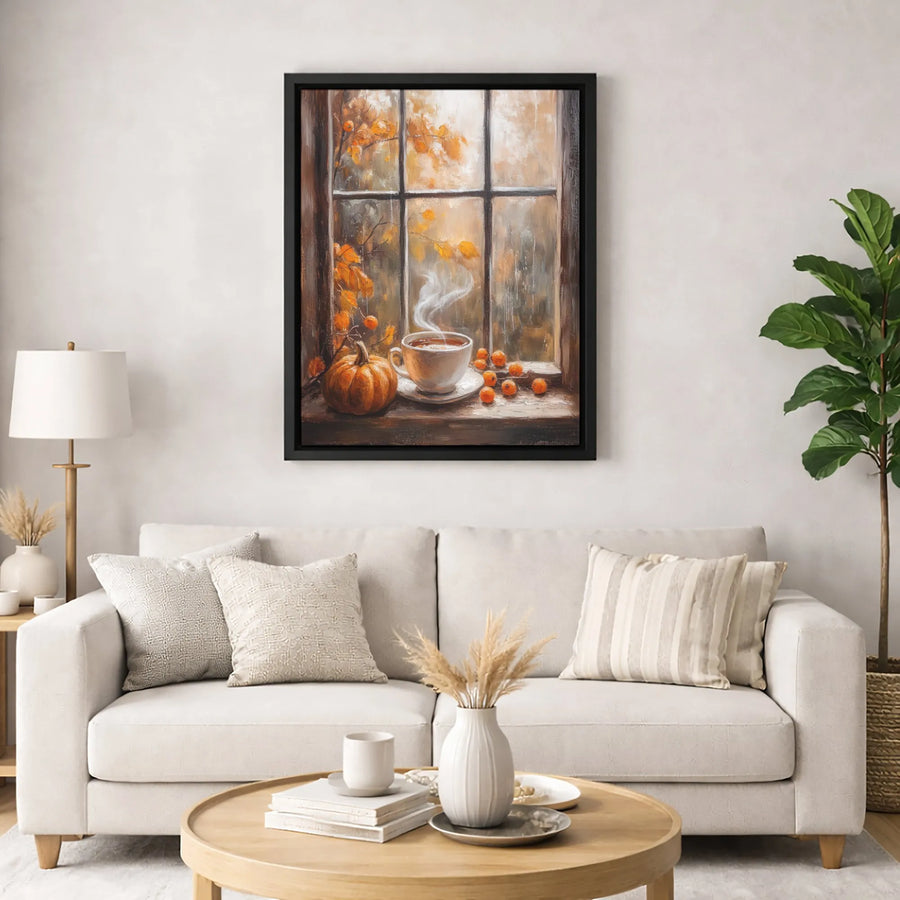 Autumn Window Canvas Print | Rainy Fall Day with Coffee and Pumpkin | Premium Gallery-Wrapped Wall Art | Cozy Home Decor Gift