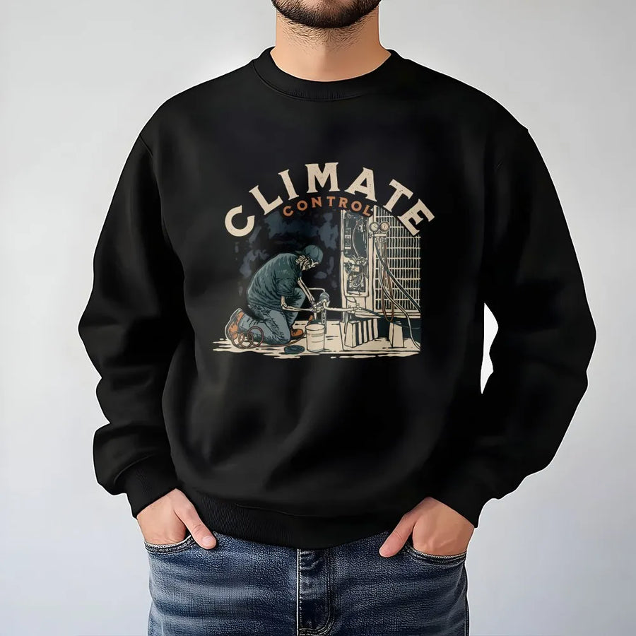 HVAC Technician Sweatshirt | Climate Control Skeleton Graphic | Premium Cotton Blend | Funny Blue Collar Trade School Gift For Him