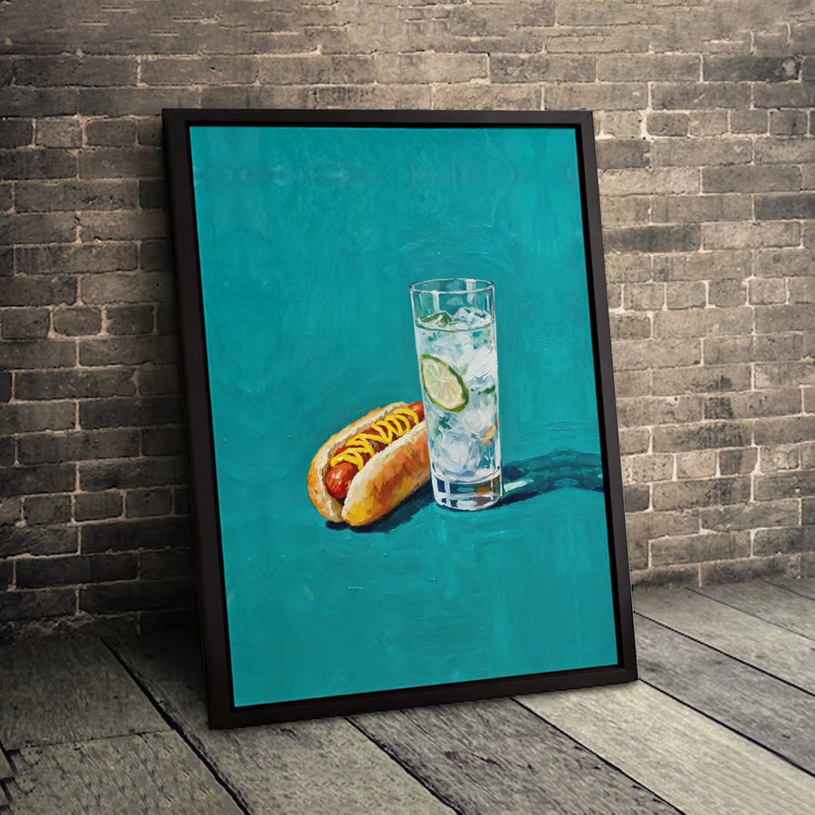 Hot Dog and Lime Water Still Life Canvas | Modern Food Pop Art | Premium Gallery-Wrapped Print | Kitchen & Dining Room Wall Decor