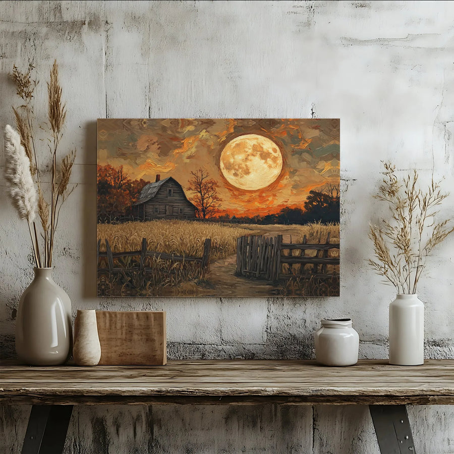 Harvest Moon Farmhouse Wall Art | Rustic Barn Impressionist Oil Painting Style | Premium 1.25" Gallery Wrapped Canvas | Country Living Home Decor Gift