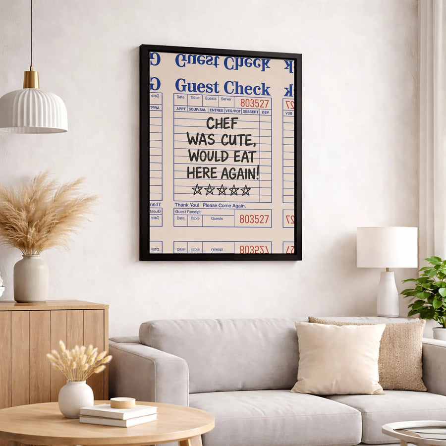 Chef Was Cute Would Eat Here Again Canvas | Funny Restaurant Guest Check Art | Premium 1.25 Inch Gallery Wrap | Kitchen Wall Decor Gift For Foodie