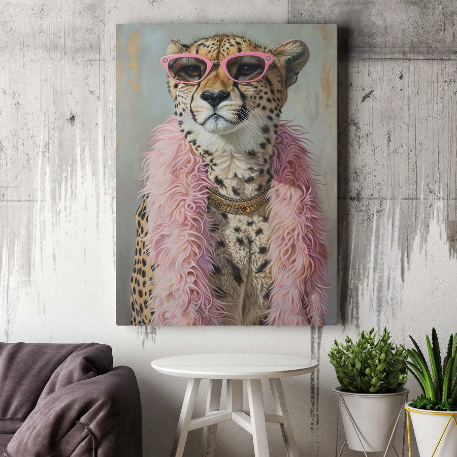 Fashion Cheetah Canvas Wall Art | Pink Sunglasses & Feather Boa Portrait | Premium Gallery Wrapped Print | Gift for Eclectic Home Decor