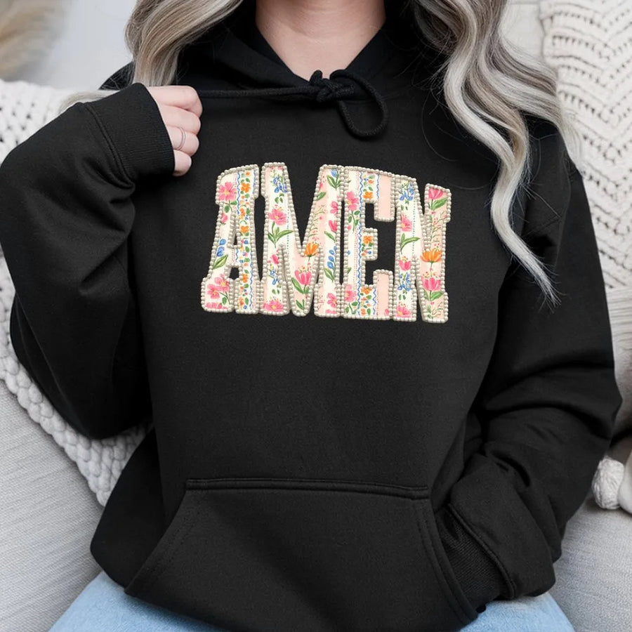 Amen Floral Hoodie | Vintage Christian Apparel with Faux Pearl Detail | Soft Cotton Blend Pullover | Inspirational Faith Gift for Women