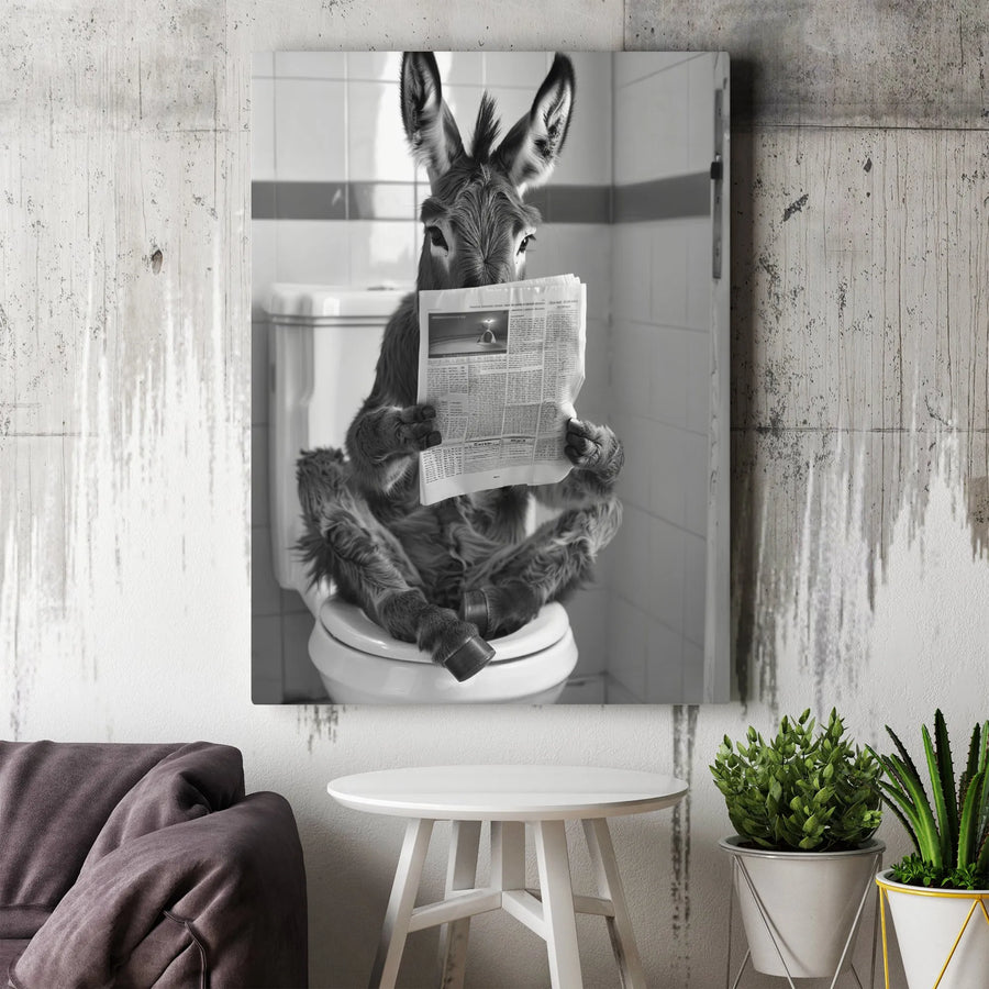 Funny Donkey on Toilet Vertical Canvas | Black & White Bathroom Humor Art | Premium Frameless Wall Decor | Unique Gag Gift for Men