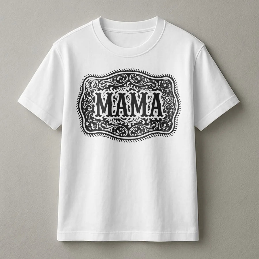 Western Mama T-Shirt | Vintage Rodeo Belt Buckle Graphic | Soft Cotton Tee | Country Cowgirl Gift for Mom