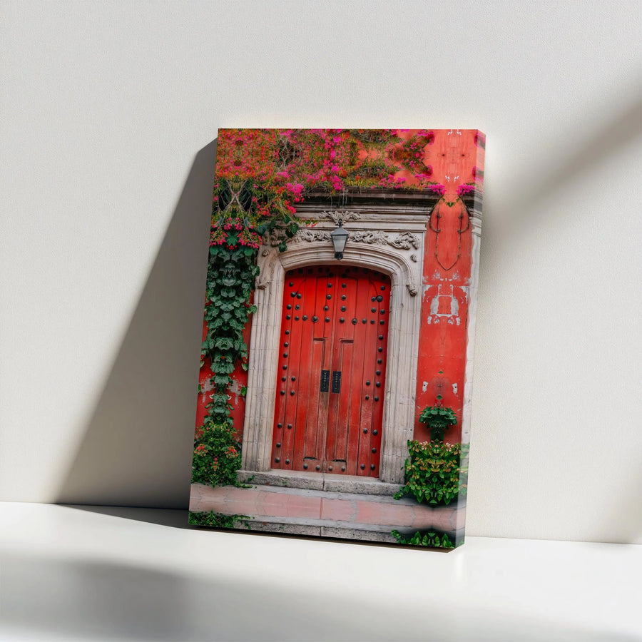 Red Door Canvas Wall Art | Mediterranean Architecture Print with Pink Bougainvillea | Premium 1.25 inch Gallery Wrap | European Home Decor