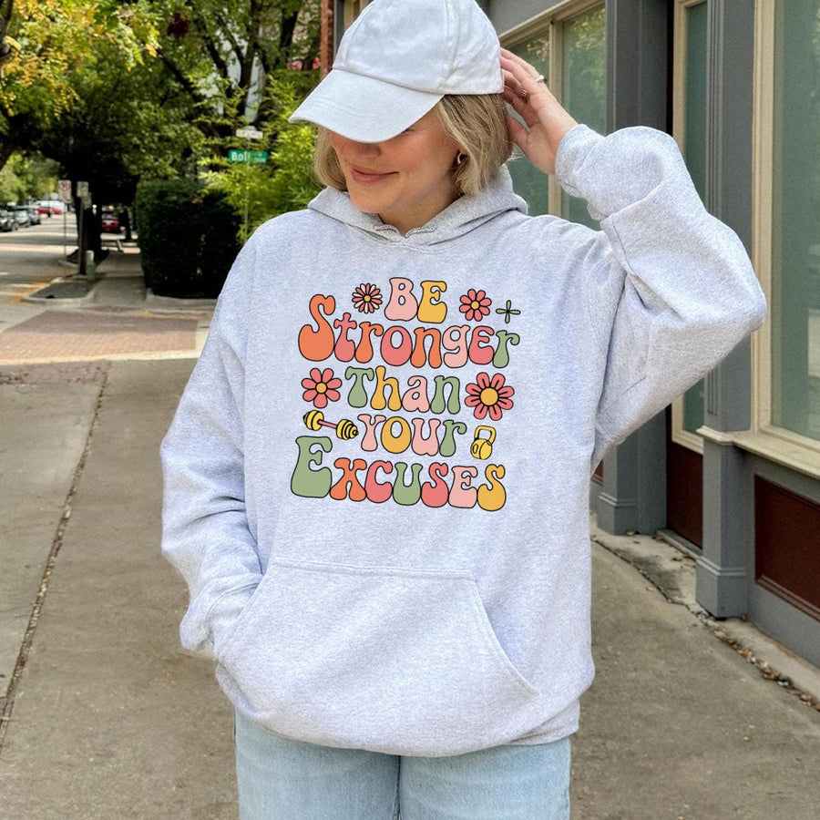 Be Stronger Than Your Excuses Hoodie | Retro Fitness Gym Graphic | Premium Cotton Blend Sweatshirt | Motivational Gift for Gym Lovers & Athletes