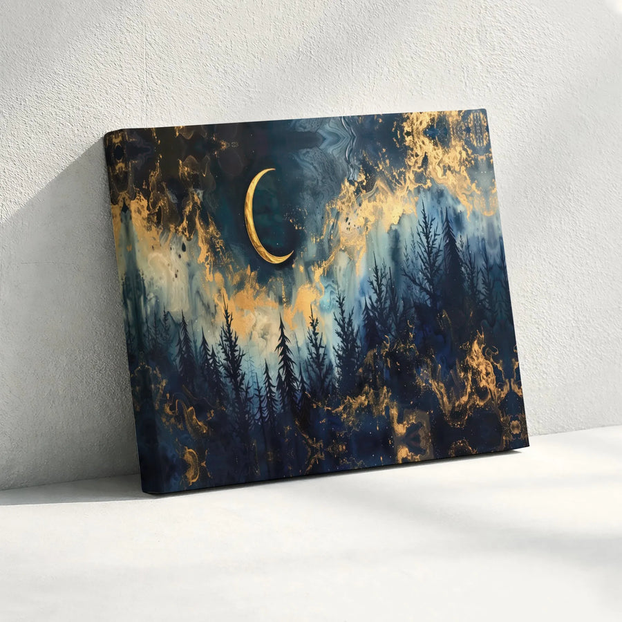 Celestial Forest Canvas Wall Art | Abstract Pine Trees with Gold Crescent Moon | Gallery Wrapped Premium Canvas | Modern Living Room Decor Gift