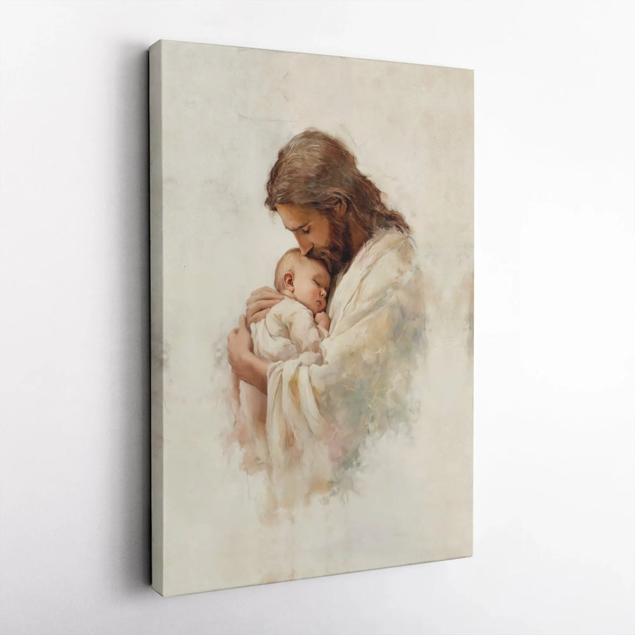 Jesus Holding Baby Canvas Wall Art | Soft Watercolor Religious Painting | 1.25 Inch Gallery Wrap | Christian Nursery Decor Baptism Gift