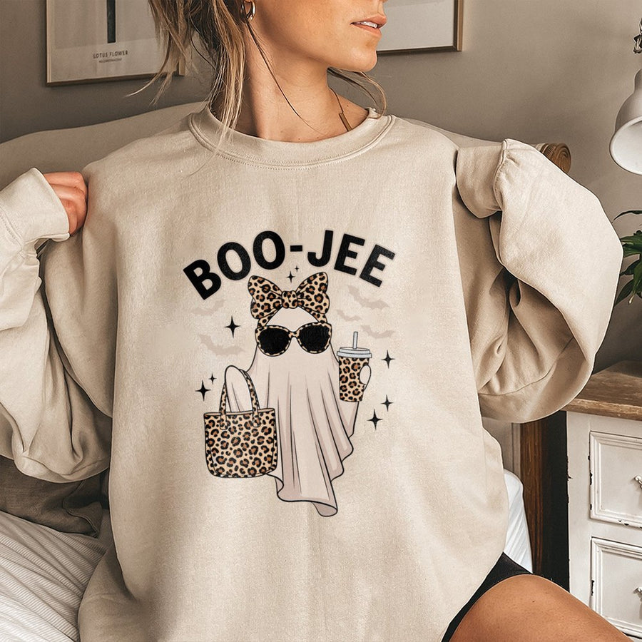 Boo Jee Ghost Sweatshirt | Leopard Print Halloween Graphic Tee | Premium Cotton Blend Crewneck | Cute Spooky Fall Gift for Women