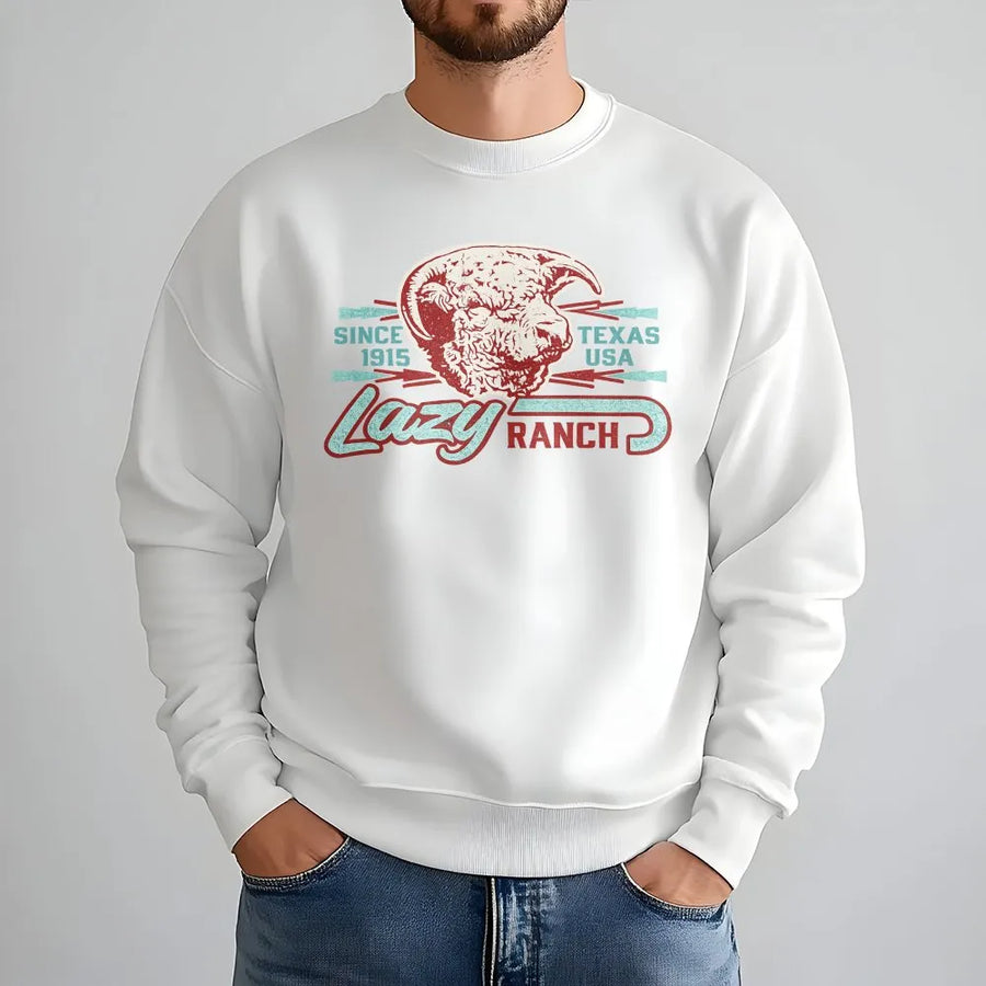 Lazy J Ranch Sweatshirt | Vintage Texas Ram Skull Graphic | Soft Cotton Western Wear | Gift for Cowboy or Rancher