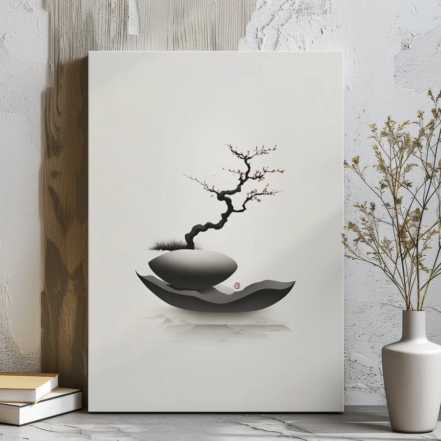 Japanese Bonsai Wall Art | Minimalist Sumi-e Cherry Blossom Canvas | Premium Gallery Wrap Decor | Zen Home Office Aesthetic Gift