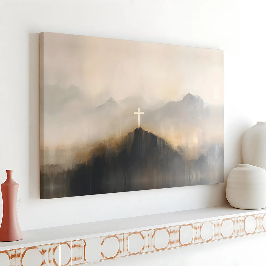 Christian Cross Canvas Wall Art | Abstract Misty Mountain Landscape | Premium 1.25-Inch Gallery Wrap | Religious Home Office Decor Gift
