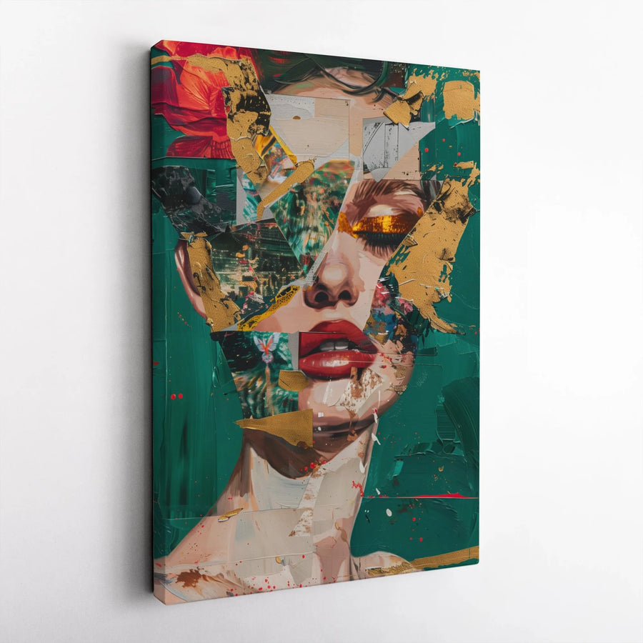 Abstract Woman Face Wall Art | Gold Leaf Collage Print | Premium Gallery Wrapped Canvas | Modern Home Decor Gift For Her