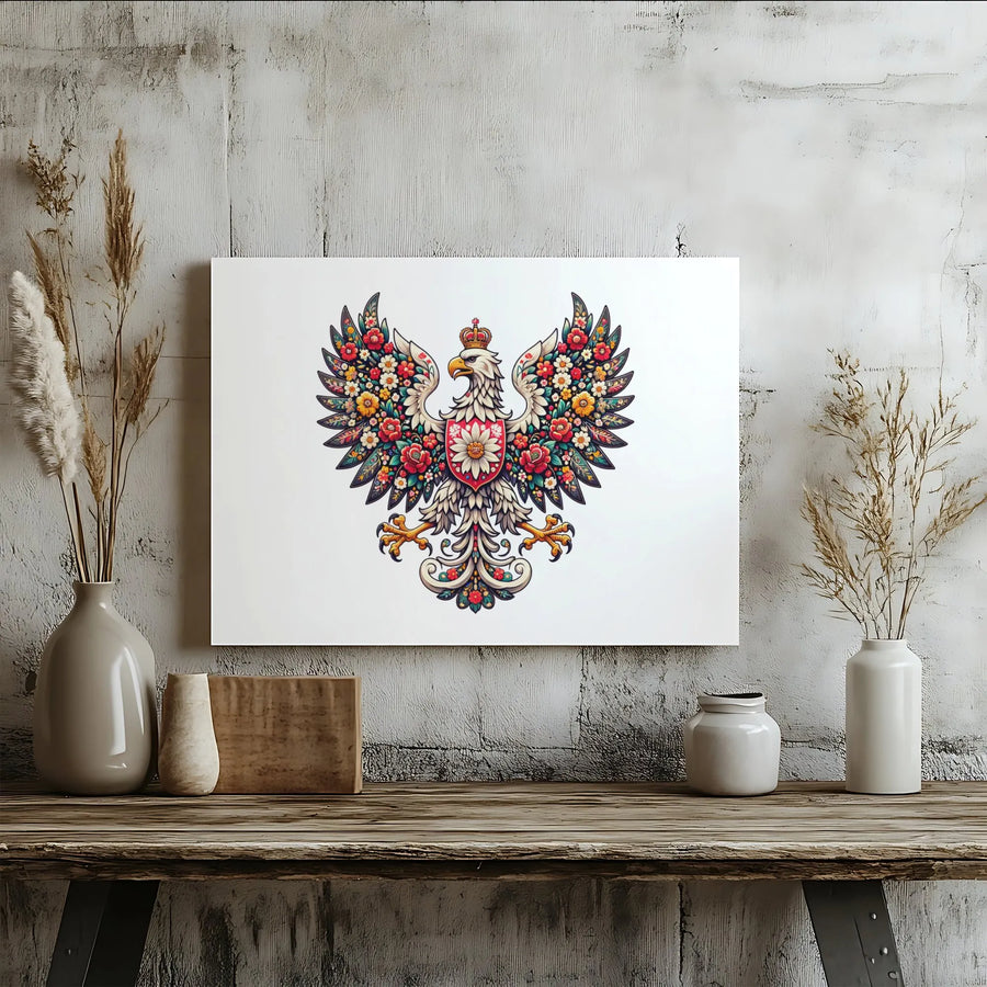 Polish White Eagle Canvas Print | Floral Folk Art Coat of Arms Wall Decor | Gallery-Wrapped Premium Artwork | Heritage Gift for Polish Pride