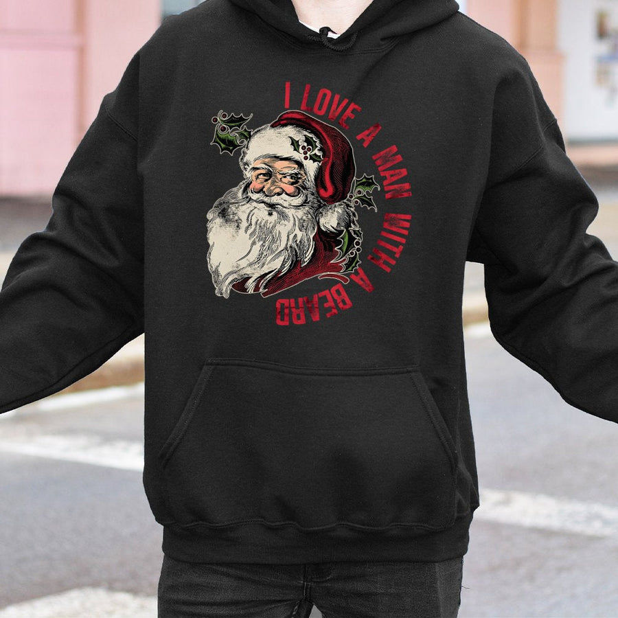 I Love A Man With A Beard Hoodie | Retro Santa Claus Christmas Graphic | Soft Cotton-Blend Pullover | Funny Holiday Gift For Her