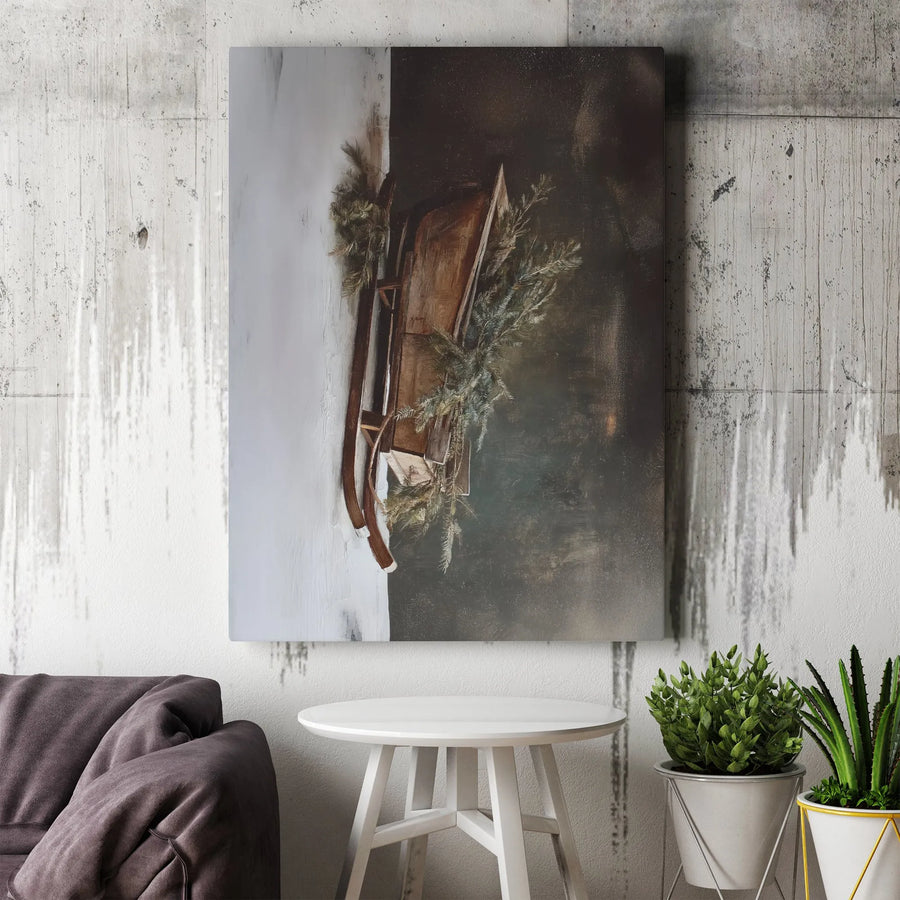 Rustic Winter Sled Wall Art | Vintage Farmhouse Pine Branches Canvas | Premium Gallery Wrapped Decor | Cozy Christmas Holiday Home Gift