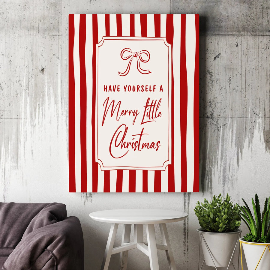 Merry Little Christmas Wall Art | Red Striped Farmhouse Holiday Decor | Premium Gallery Wrapped Canvas | Festive Seasonal Home Gift