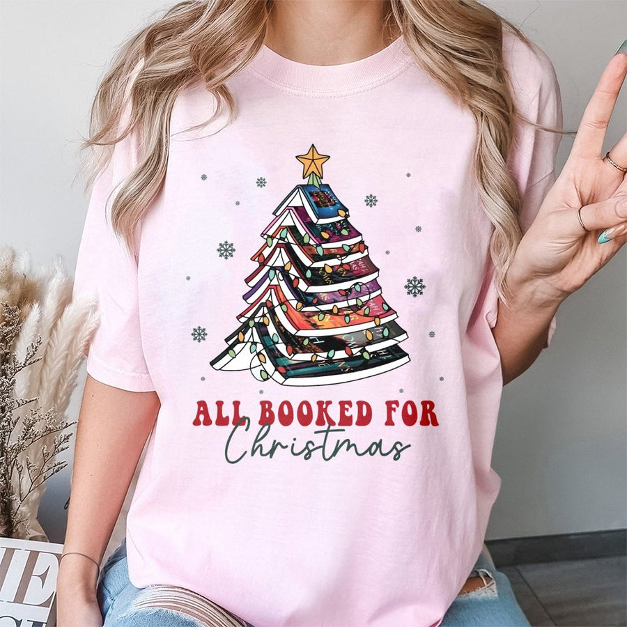 All Booked For Christmas T-Shirt | Book Tree Graphic Tee | 100% Cotton Premium Quality | Festive Holiday Gift for Readers and Book Lovers