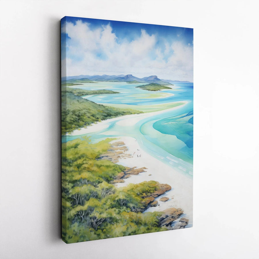 Whitehaven Beach Canvas Print | Whitsunday Islands Watercolor Art | Premium Gallery-Wrapped Wall Decor | Coastal Home Office Gift