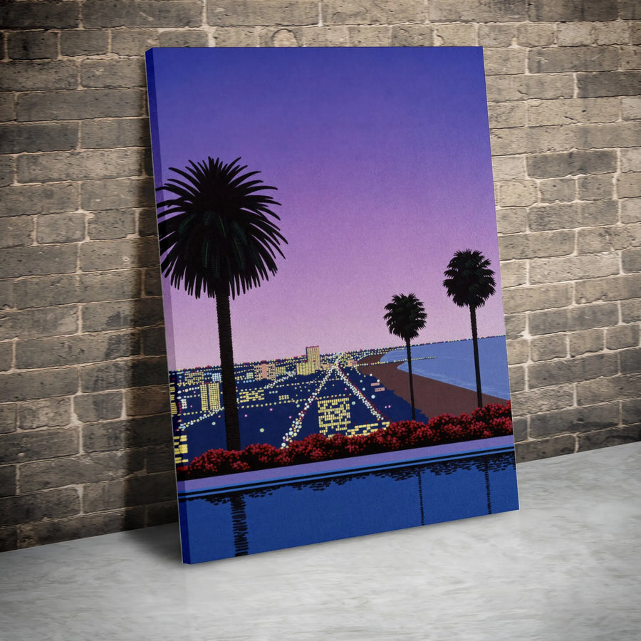 Vaporwave Cityscape Vertical Canvas | Retro Coastal Night Scene with Palm Trees | Premium 1.25" Thick Print | 80s Aesthetic Game Room Wall Decor Gift
