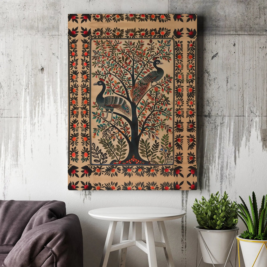 Indian Tree Of Life Canvas | Traditional Peacock Folk Art Print | 1.25 Inch Gallery Quality Premium Wall Decor | Ethnic Gift For Home Office