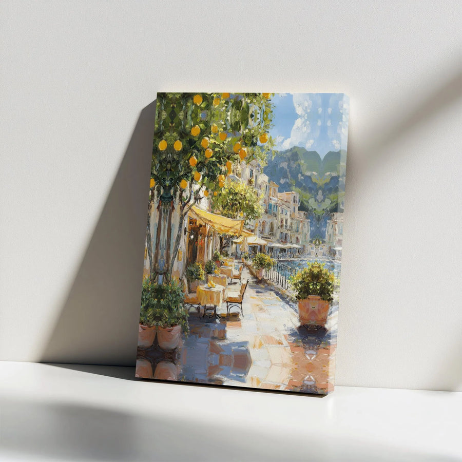 Italian Coast Canvas Wall Art | Impressionist Lemon Tree & Seaside Cafe Painting | Premium Gallery Wrapped Canvas | European Travel Gift for Kitchen Decor