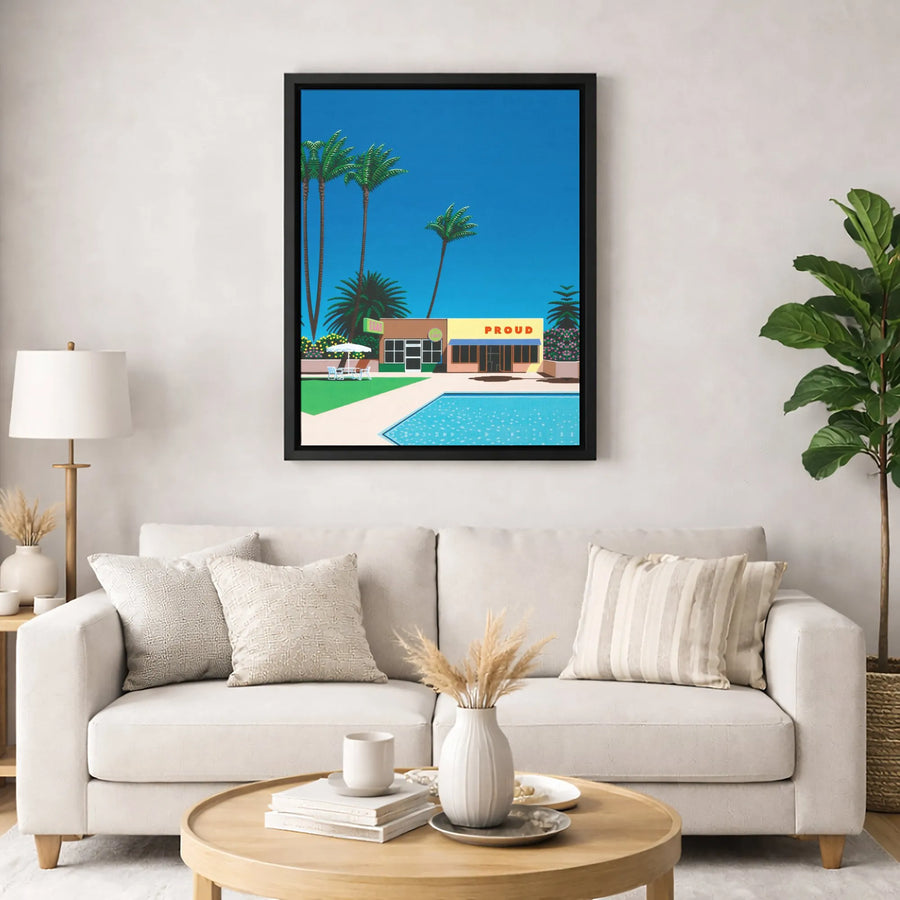 Palm Springs Poolside Canvas Art | Mid-Century Modern Retro Landscape | Premium Gallery Wrapped Decor | Aesthetic Summer Vacation Gift