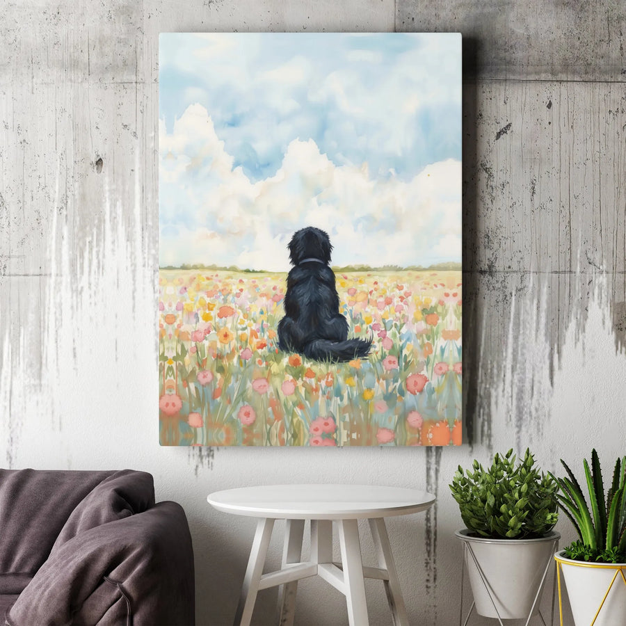 Black Dog in Meadow Canvas Art | Watercolor Wildflower Field Print | Premium Gallery Wrapped Canvas | Gift for Dog Lover, Farmhouse Wall Decor