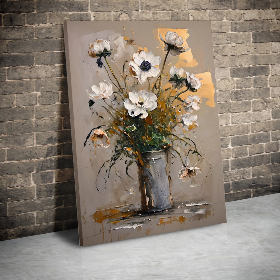 Abstract White Flower Canvas Wall Art | Gold Leaf Botanical Painting | Premium Gallery Wrapped Print | Modern Living Room Decor Gift