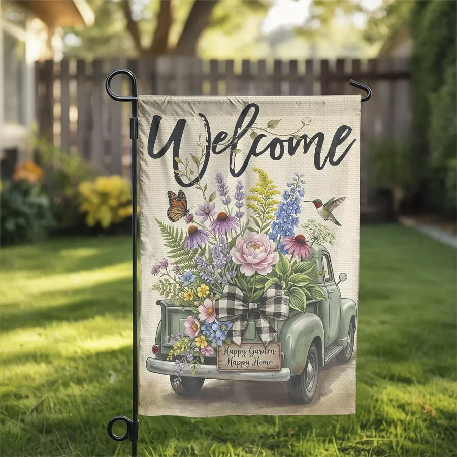 Vintage Truck Welcome Garden Flag | Spring Wildflowers & Farmhouse Design | Double Sided Polyester | Outdoor Yard Decor & Housewarming Gift