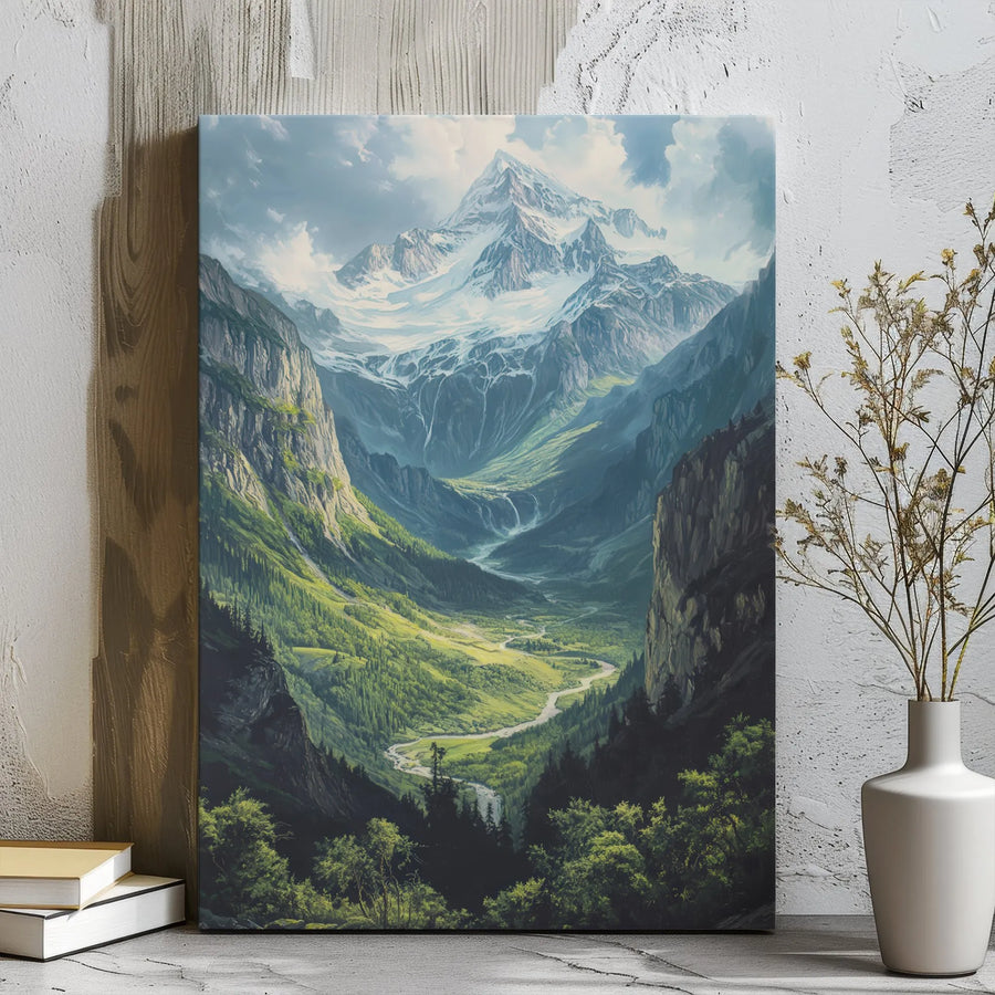 Mountain Landscape Canvas Print | Snow Capped Peaks & Green River Valley | Premium 1.25 Inch Gallery Wrap | Nature Wall Art for Home Office Decor