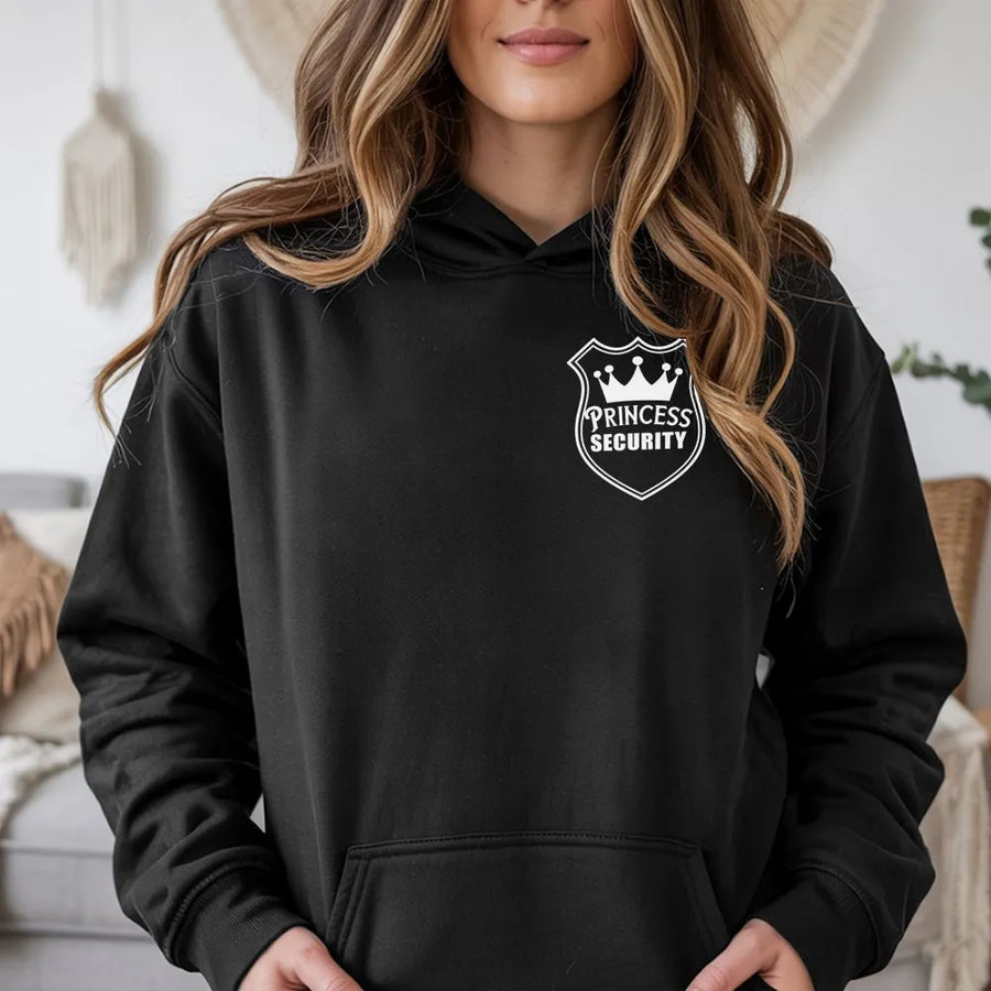 Princess Security Hoodie | Funny Crown Shield Logo Crewneck | Soft Cotton Blend Pullover | Unique Gift for Girl Dad, Protective Father, Husband