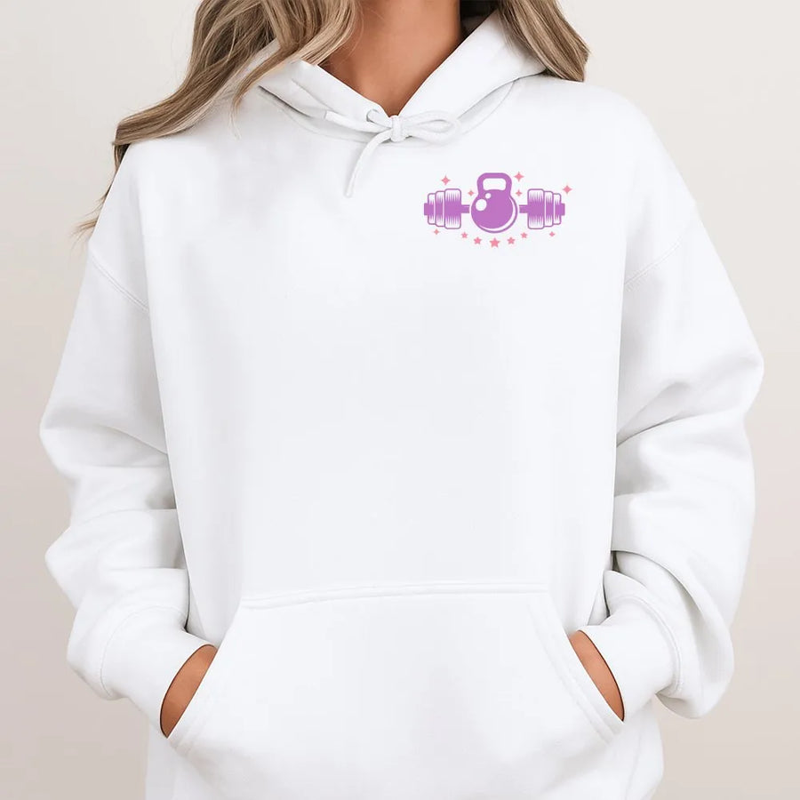 Cute Workout Hoodie | Kettlebell & Dumbbell Graphic | Premium Cotton Blend | Gift for Women Who Lift