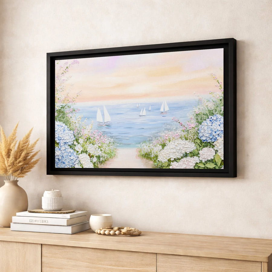 Coastal Sailboat Canvas Wall Art | Hydrangea Flower Seascape Painting | Premium Gallery Wrapped Print | Relaxing Nautical Home Decor Gift