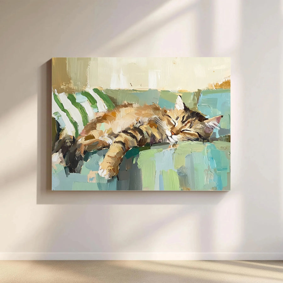 Sleeping Tabby Cat Wall Art | Impressionist Oil Painting Style | Premium 1.25 Inch Thick Canvas | Cozy Home Decor Gift For Cat Lovers
