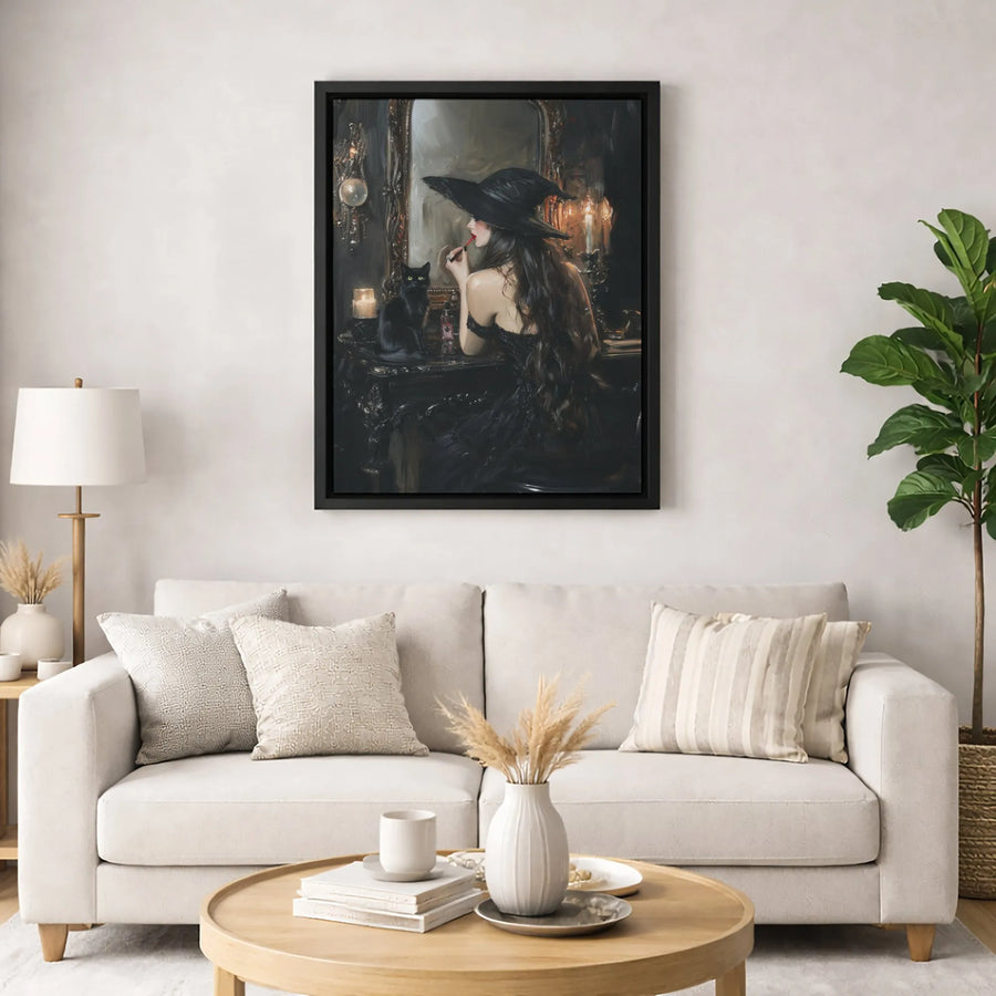 Gothic Witch Canvas Wall Art | Black Cat Vanity Portrait | Gallery-Quality Fade-Resistant Print | Dark Academia Home Decor Gift