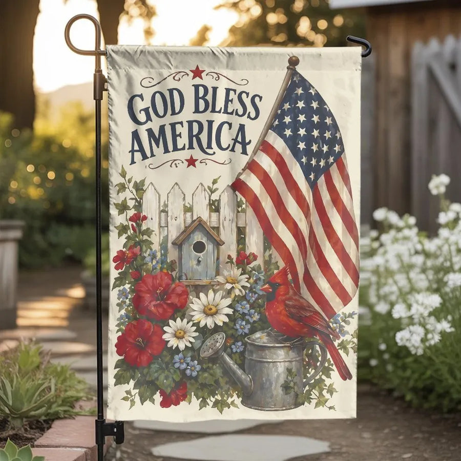 God Bless America Garden Flag | American Flag with Red Cardinal | Double Sided Weather Resistant Fabric | Patriotic Yard Decor Gift for Home