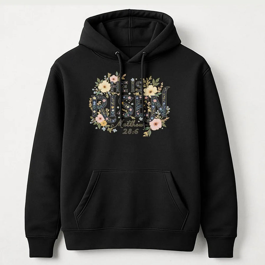 He Is Risen Hoodie | Floral Matthew 28:6 Scripture Graphic | Premium Cotton Blend Comfort | Religious Easter Faith Gift For Women And Men