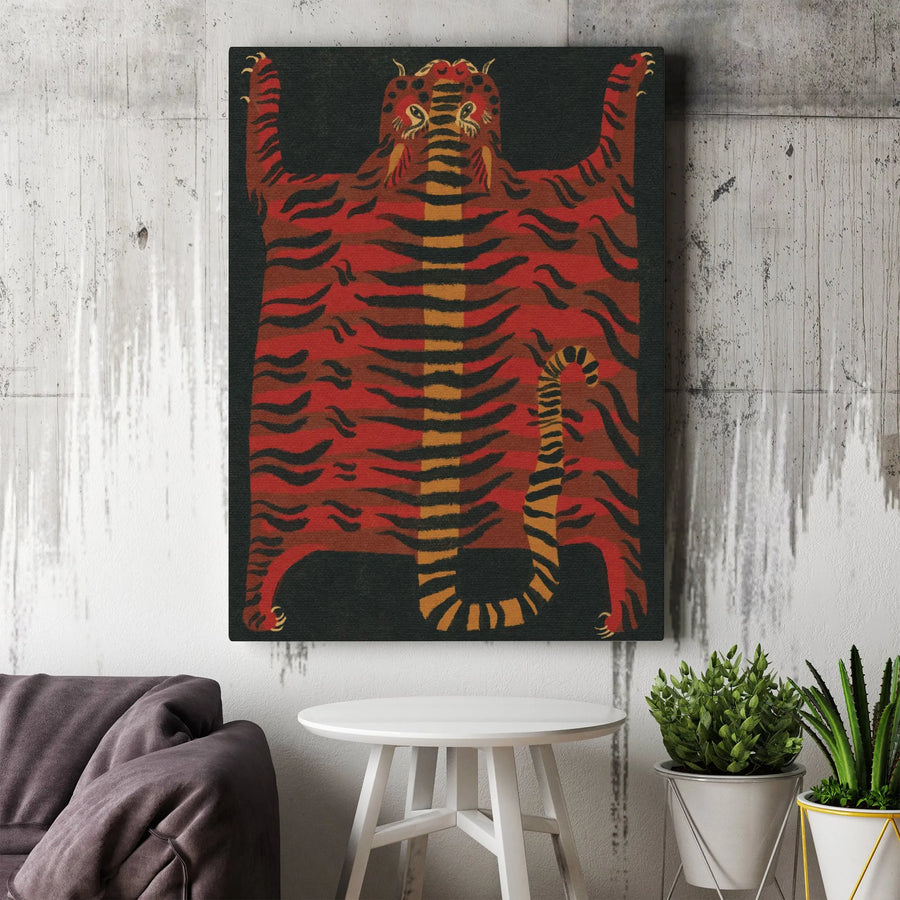 Tibetan Tiger Wall Art Print | Mid Century Modern Folk Motif | Premium Gallery Wrapped Canvas | Eclectic Home Decor Gift for Animal Lovers