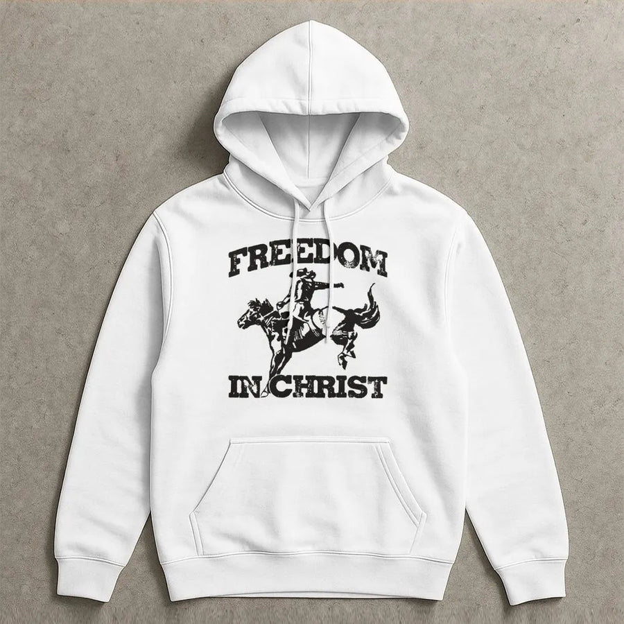 Freedom In Christ Hoodie | Western Cowboy Horse Graphic | Premium Cotton Blend | Christian Faith Gift for Men and Women