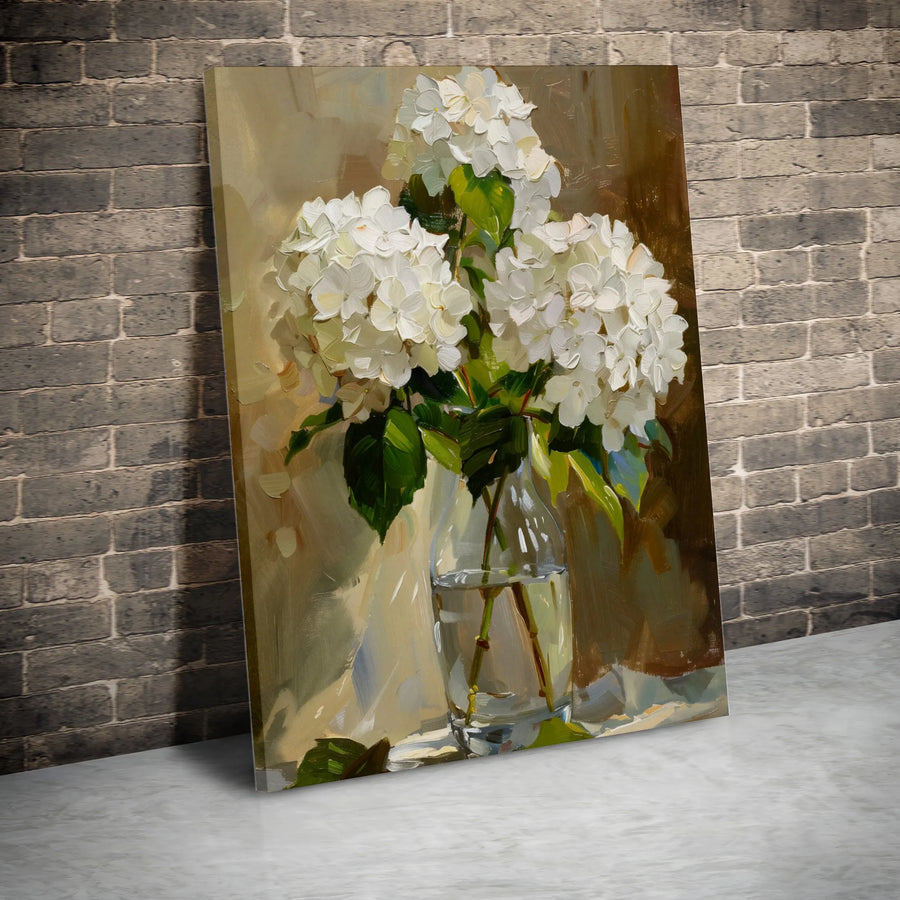 White Hydrangeas Canvas Wall Art | Still Life Floral Oil Painting Style | Premium 1.25" Gallery Wrap | Elegant Home Decor Gift
